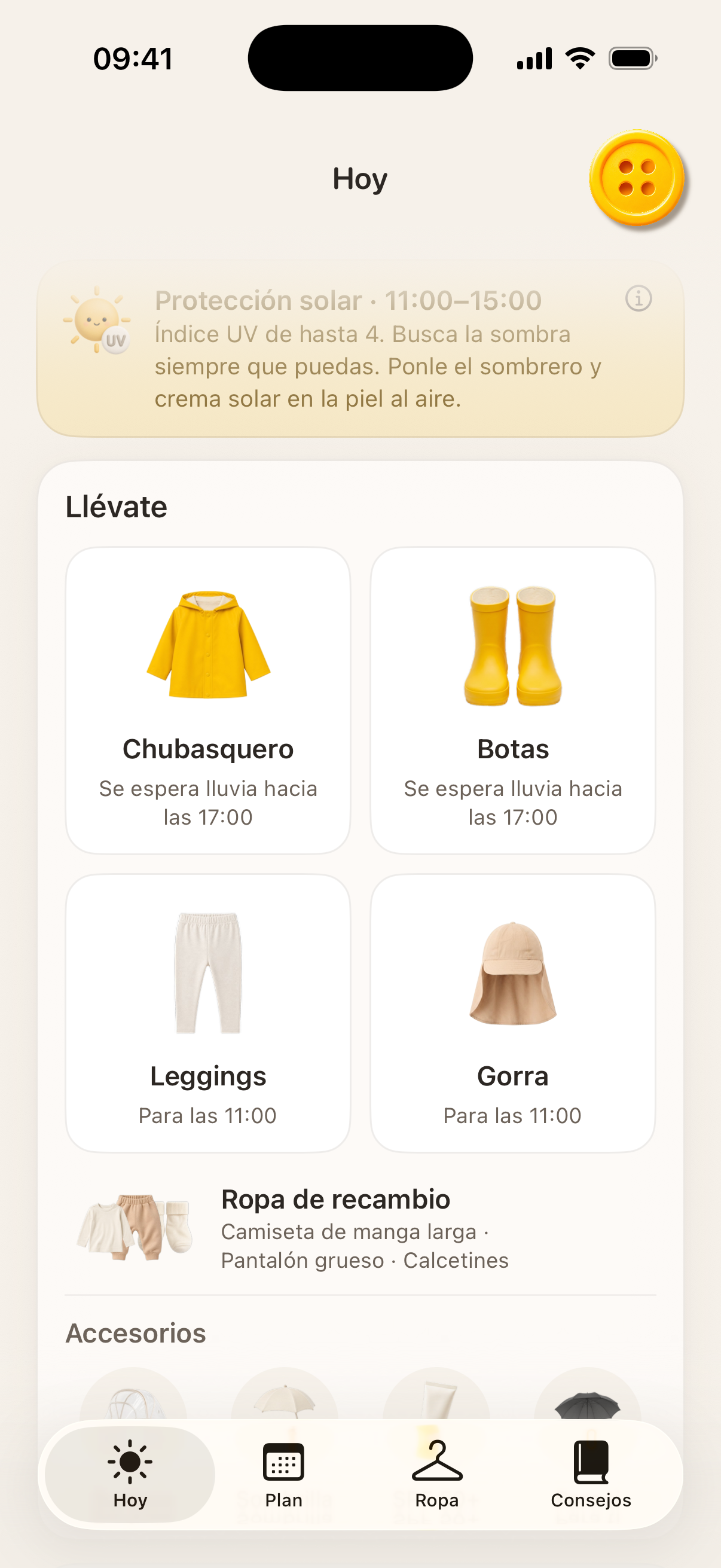 La app Button con lo que hay que llevar y una muda de recambio