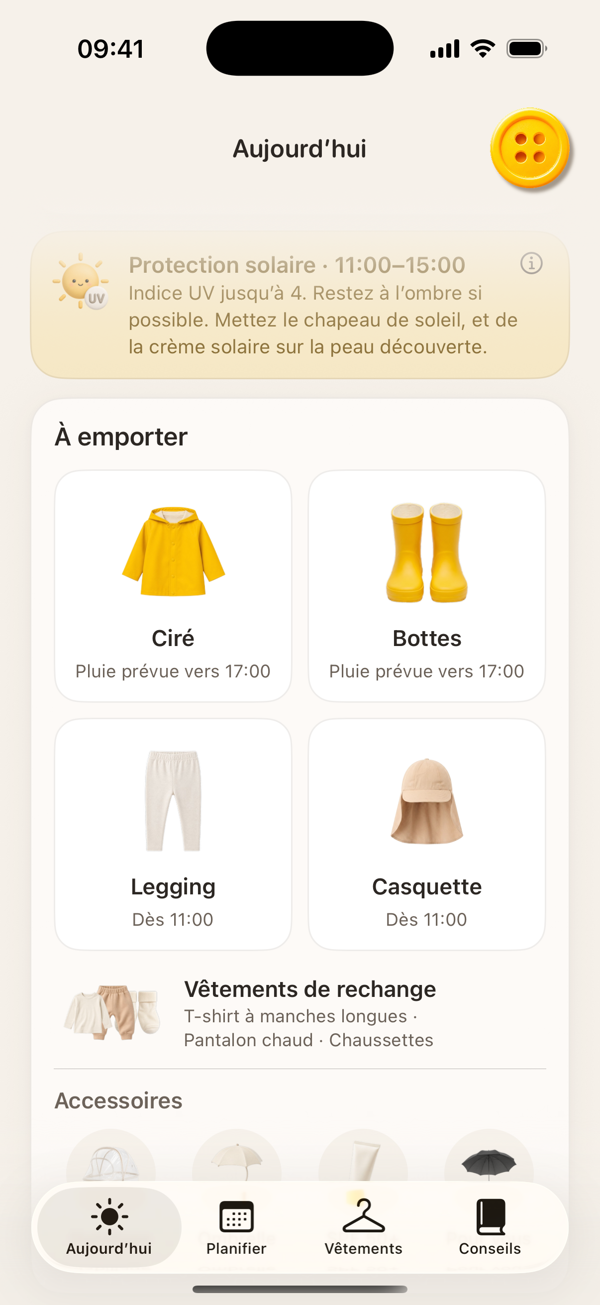 L’appli Button avec ce qu’il faut emporter et des vêtements de rechange