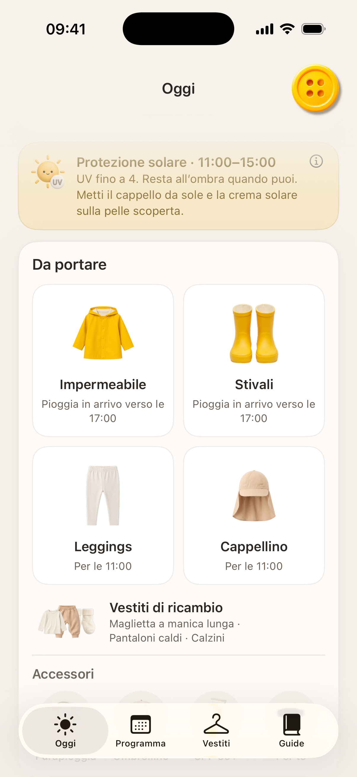 L’app Button con le cose da portare e i vestiti di ricambio