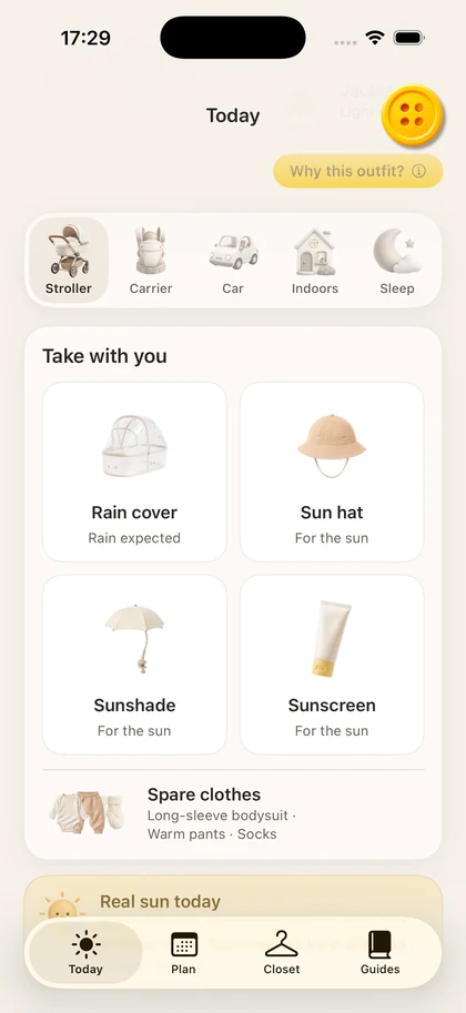 The Button app showing what to take and a spare set of clothes