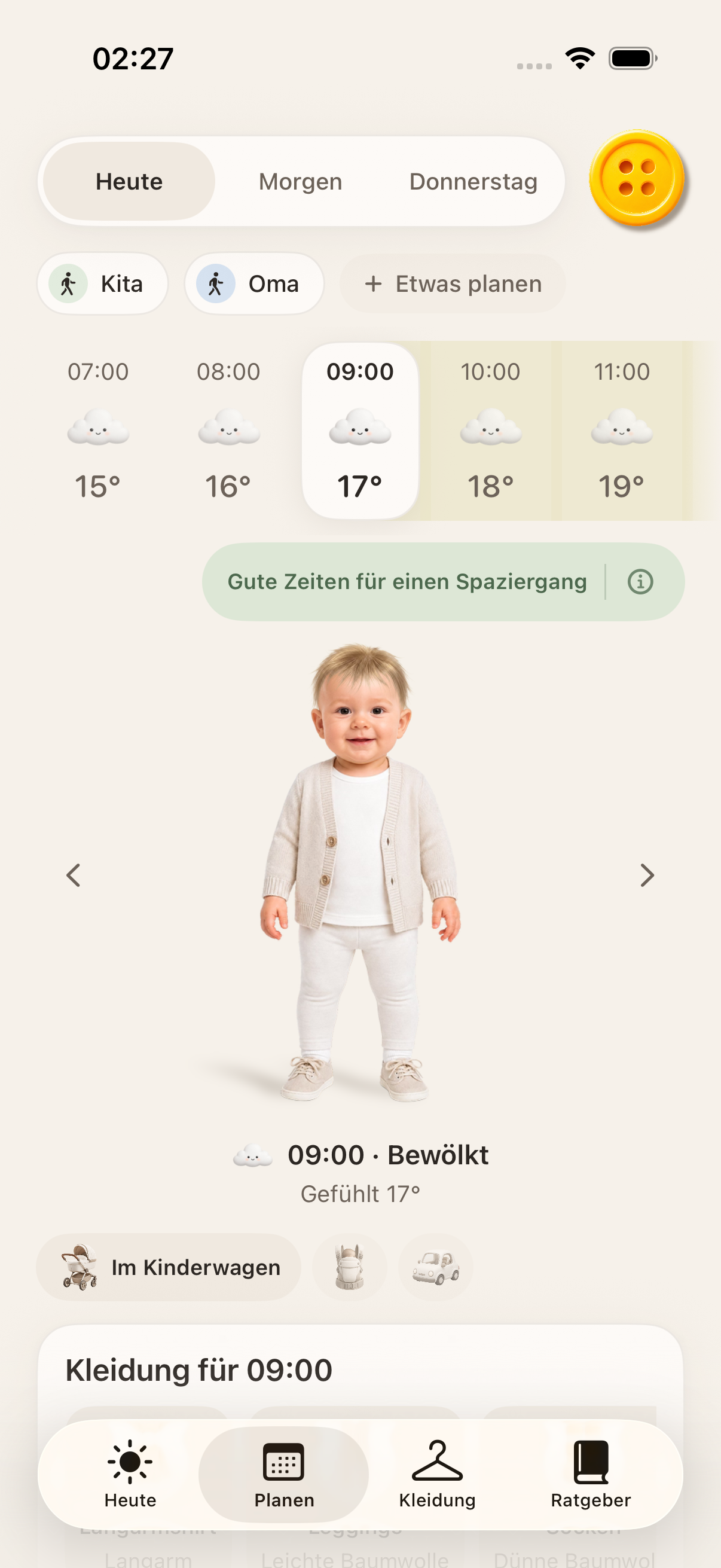 In Button gespeicherte Pläne für den Weg zur Kita und den Besuch bei Oma
