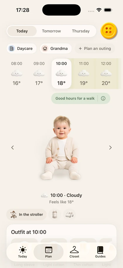 The Button app Plan screen with saved Daycare and Grandma outings