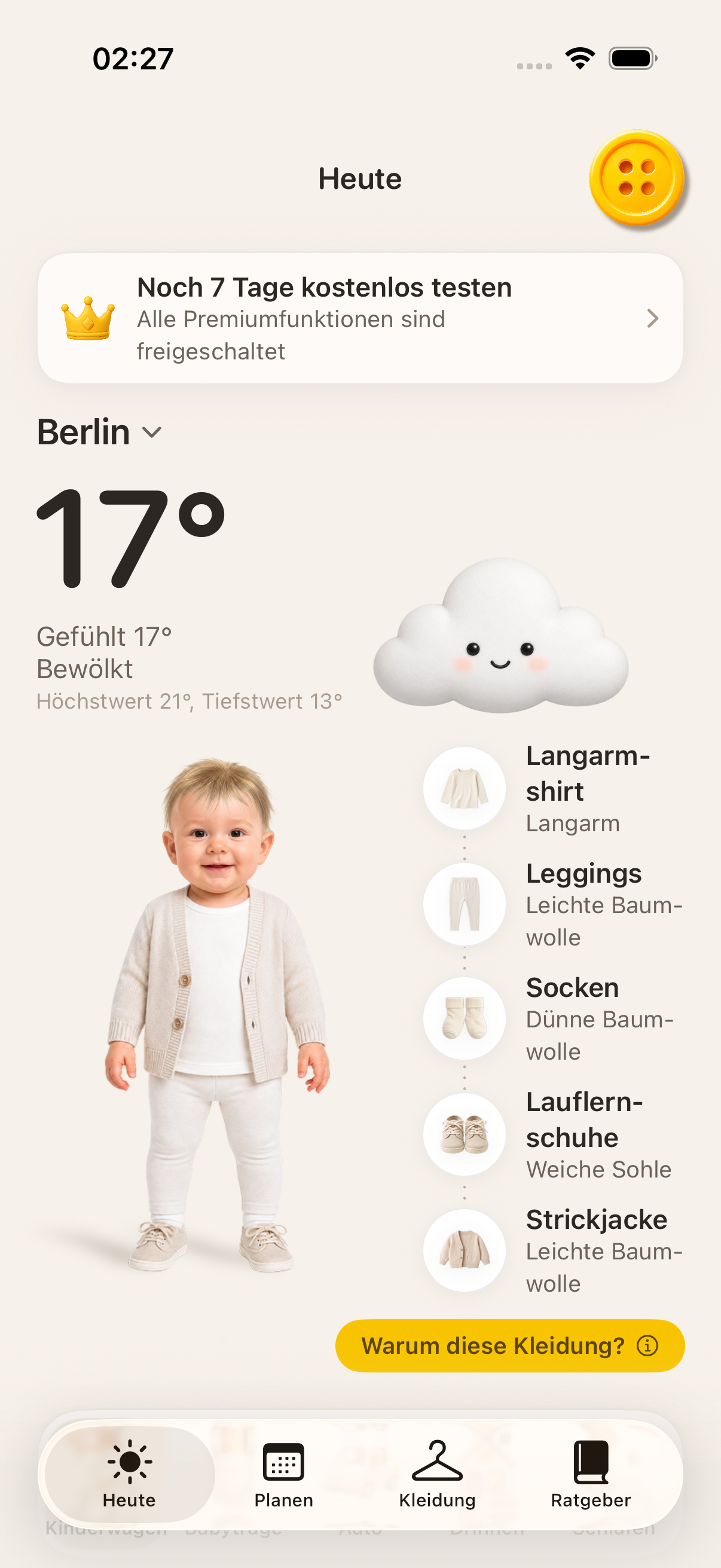 Die Button-App mit dem heutigen Wetter und dem Outfit für den Kinderwagen