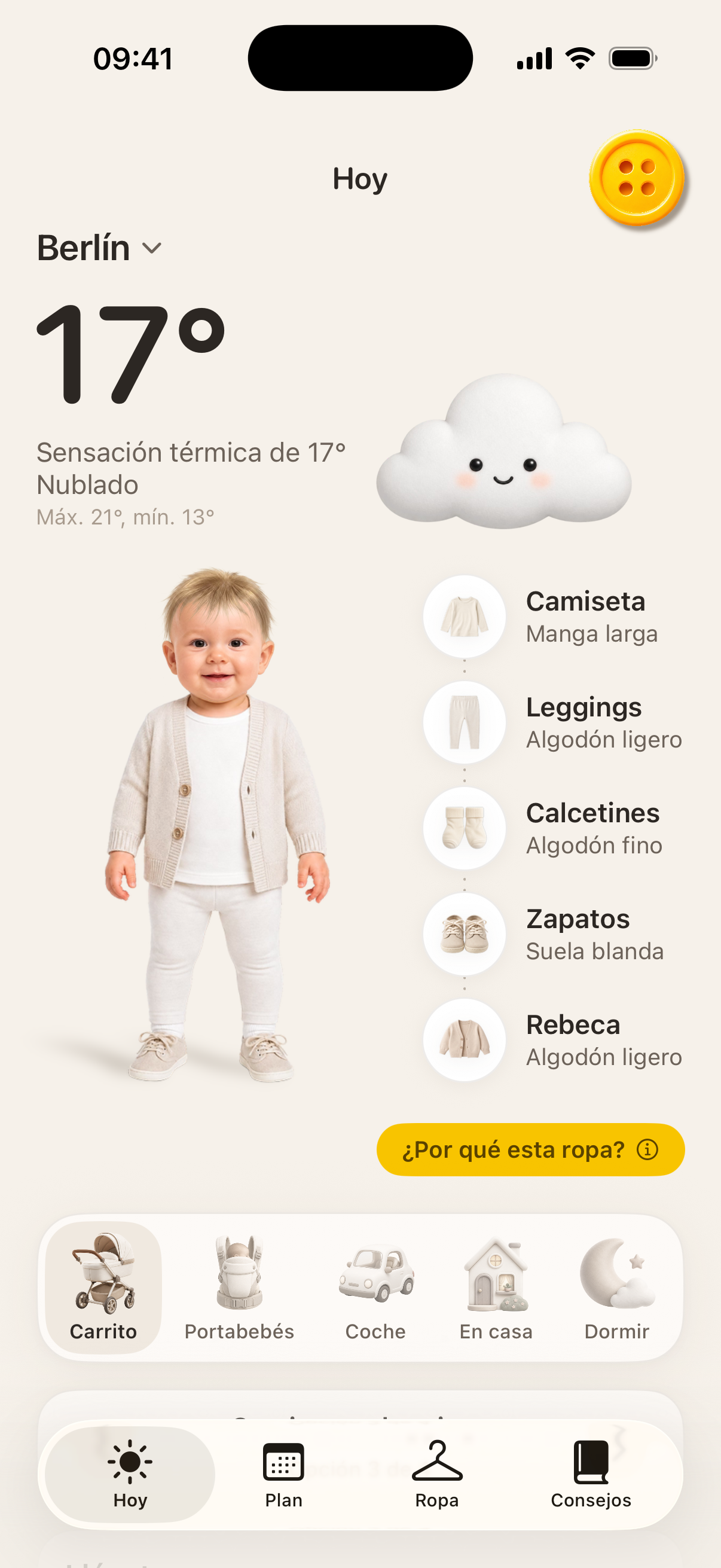 La app Button con el tiempo de hoy y la ropa para el carrito