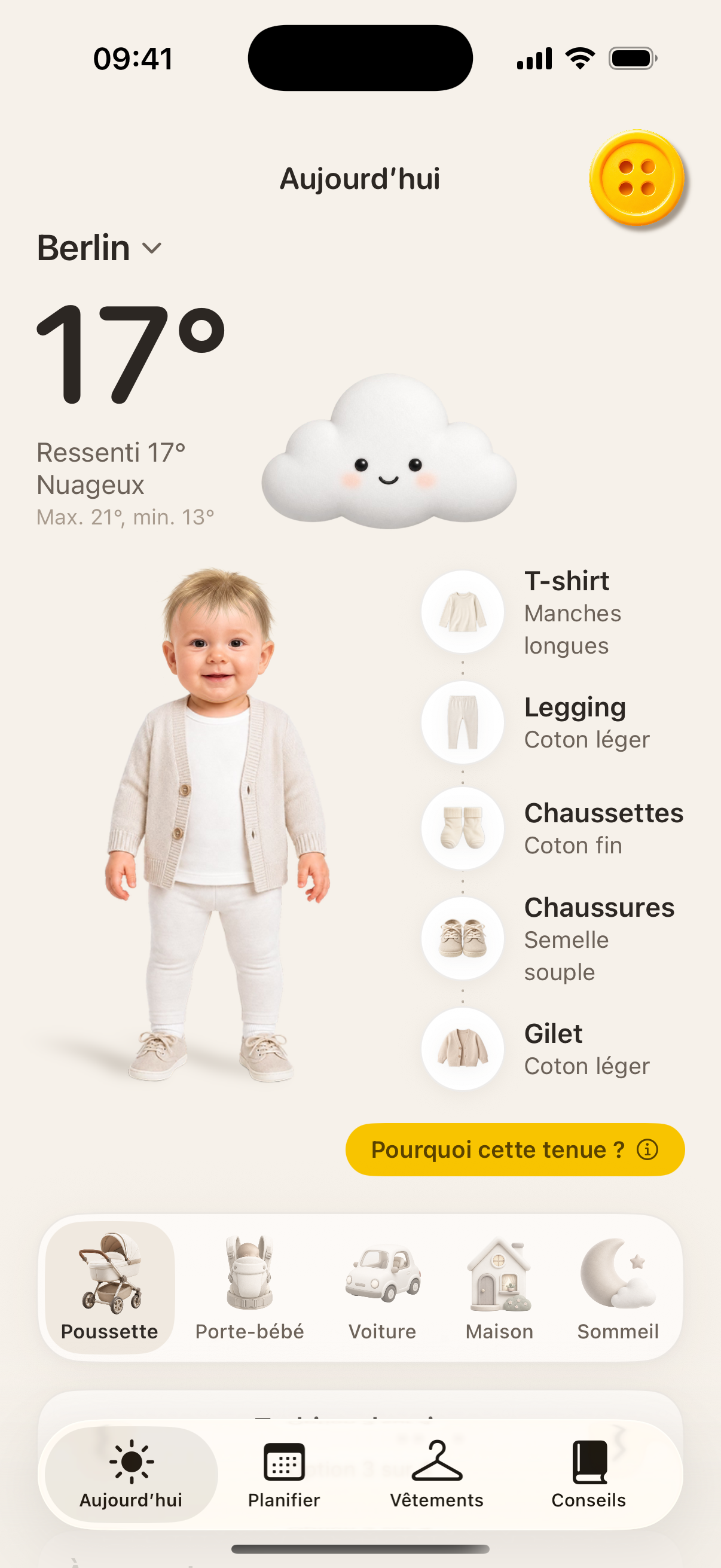 L’appli Button avec la météo du jour et la tenue pour la poussette
