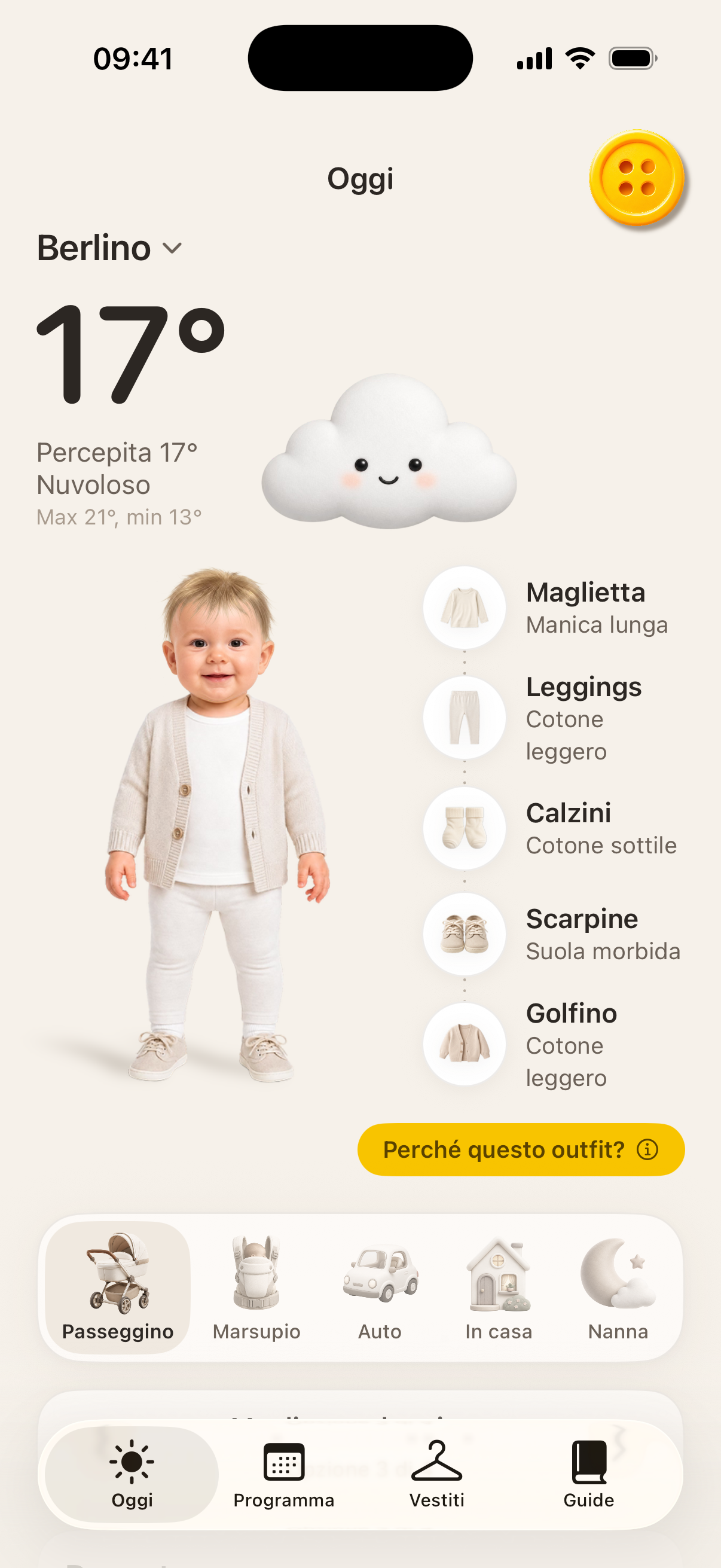 L’app Button con il meteo di oggi e l’outfit per il passeggino