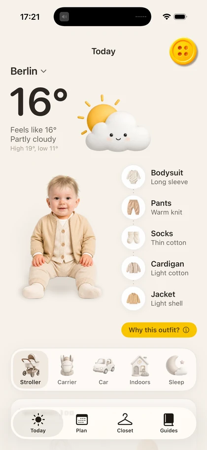 The Button app showing today's weather and stroller outfit