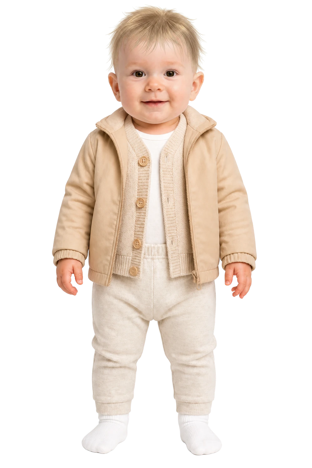 Baby dressed for the stroller: bodysuit, long sleeve; pants, warm knit; socks, thin cotton; cardigan, light cotton; jacket, light shell
