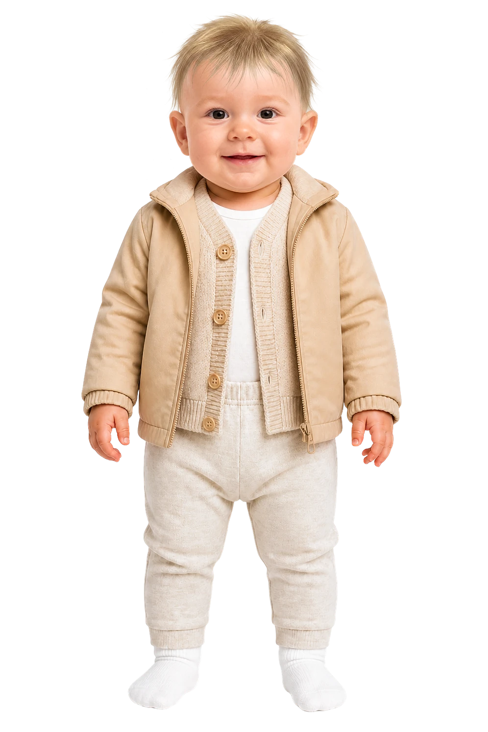 Baby mit passender Kleidung: Kinderwagen. Body, langarm; Hose, warmer Strick; Socken, dünne Baumwolle; Strickjacke, leichte Baumwolle; Übergangsjacke, dünn und leicht