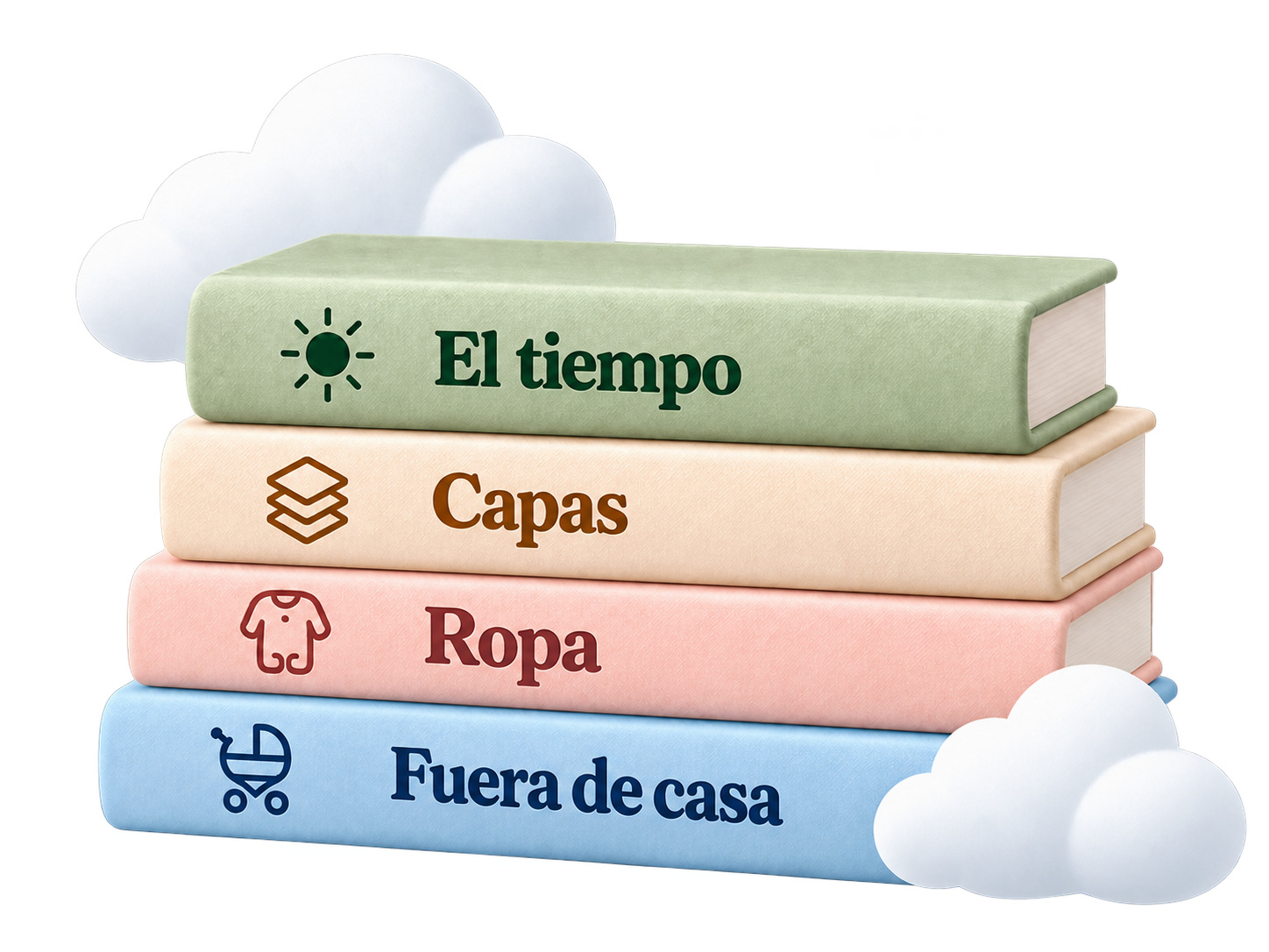 Una pila de libros con los títulos «El tiempo», «Capas», «Ropa» y «Fuera de casa», entre nubes.