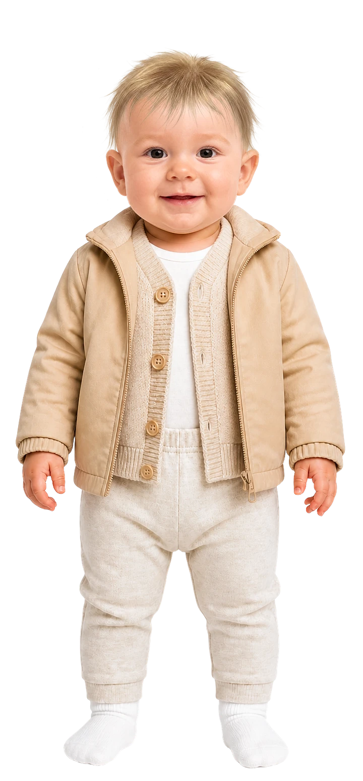 So ist das Baby angezogen: Langarmbody, warme Strickhose, dünne Socken, leichte Strickjacke und Übergangsjacke