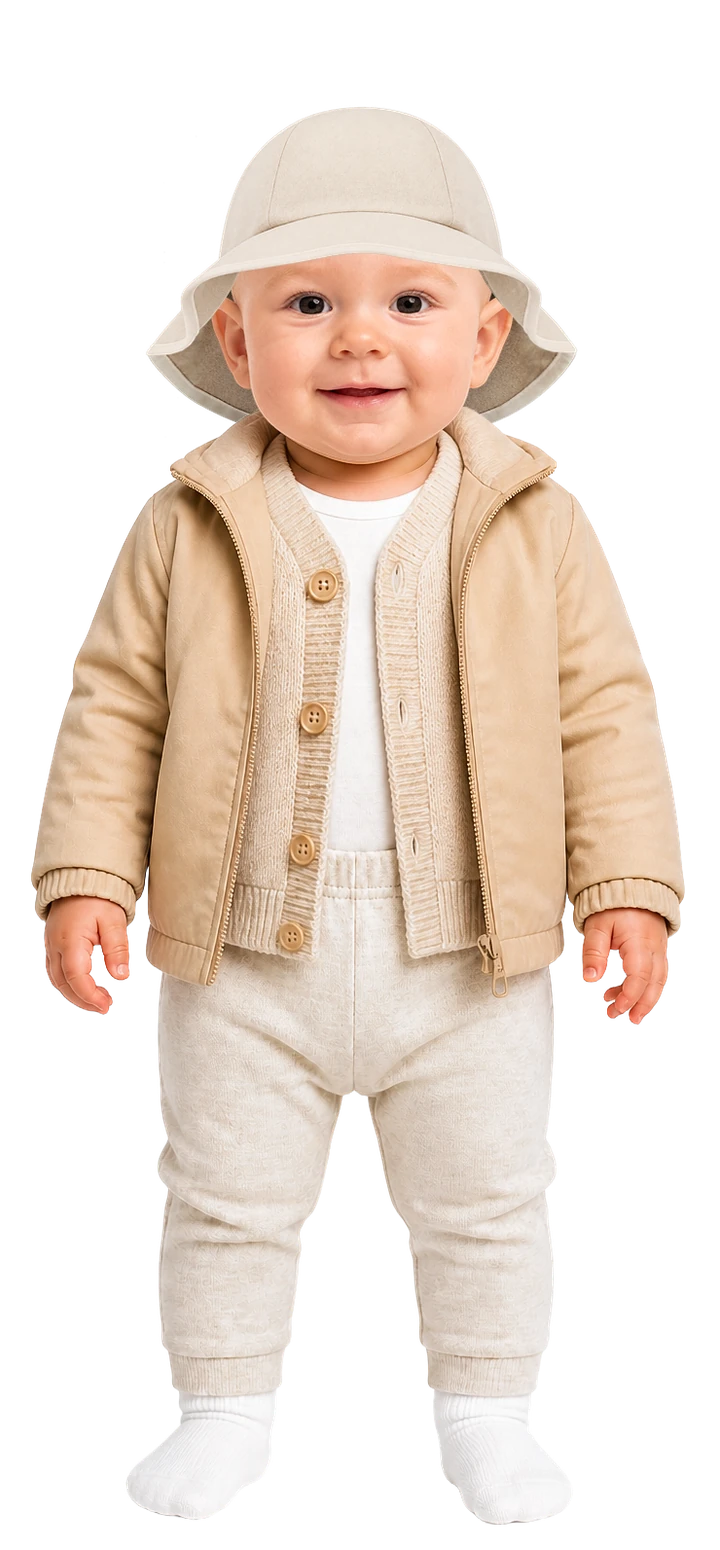 So ist das Baby angezogen: Langarmbody, warme Strickhose, dünne Socken, leichte Strickjacke, Übergangsjacke und Schlapphut