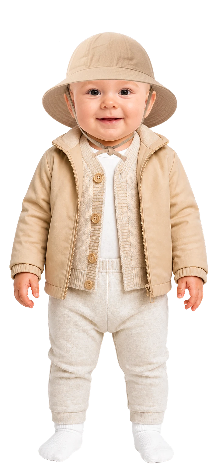 So ist das Baby angezogen: Langarmbody, warme Strickhose, dünne Socken, leichte Strickjacke, Übergangsjacke und Sonnenhut mit Bindeband