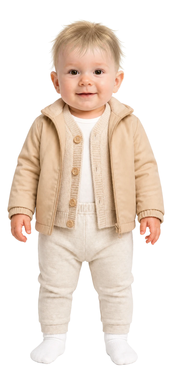 Baby wearing long-sleeve bodysuit, warm pants, thin socks, cardigan and light jacket