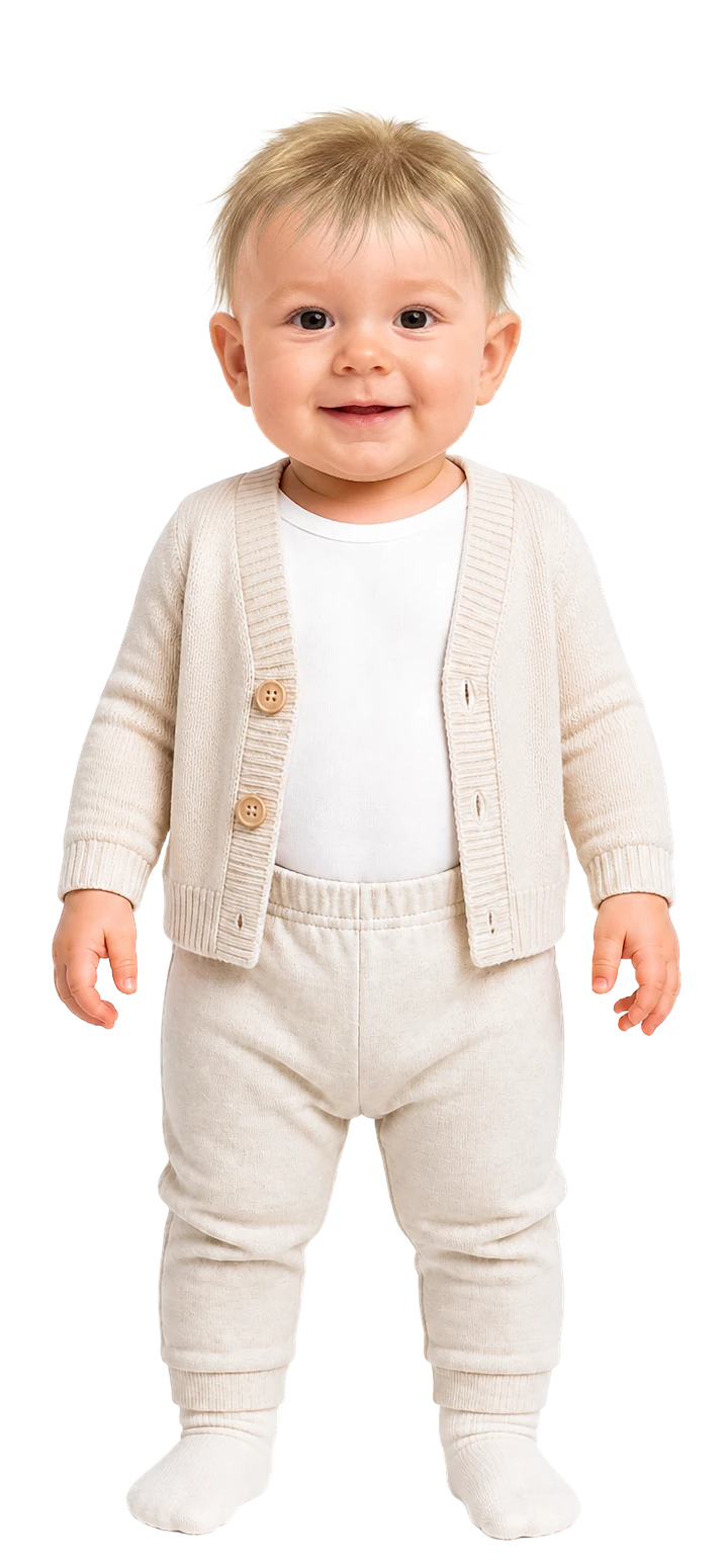 So ist das Baby angezogen: Langarmbody, leichte Hose, dünne Socken und leichte Strickjacke