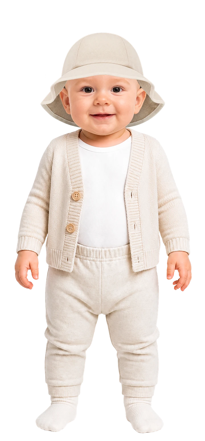 So ist das Baby angezogen: Langarmbody, leichte Hose, dünne Socken, leichte Strickjacke und Schlapphut