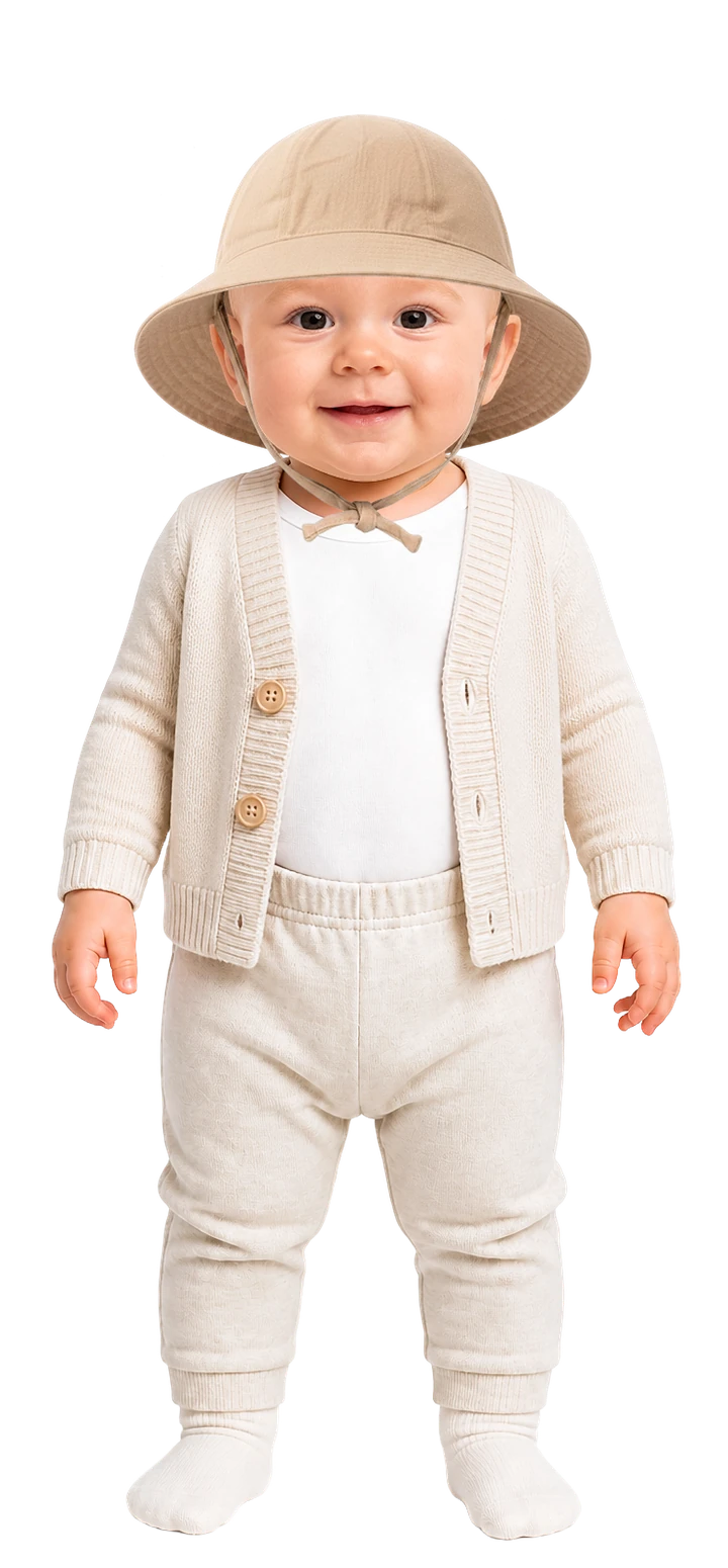 So ist das Baby angezogen: Langarmbody, leichte Hose, dünne Socken, leichte Strickjacke und Sonnenhut mit Bindeband