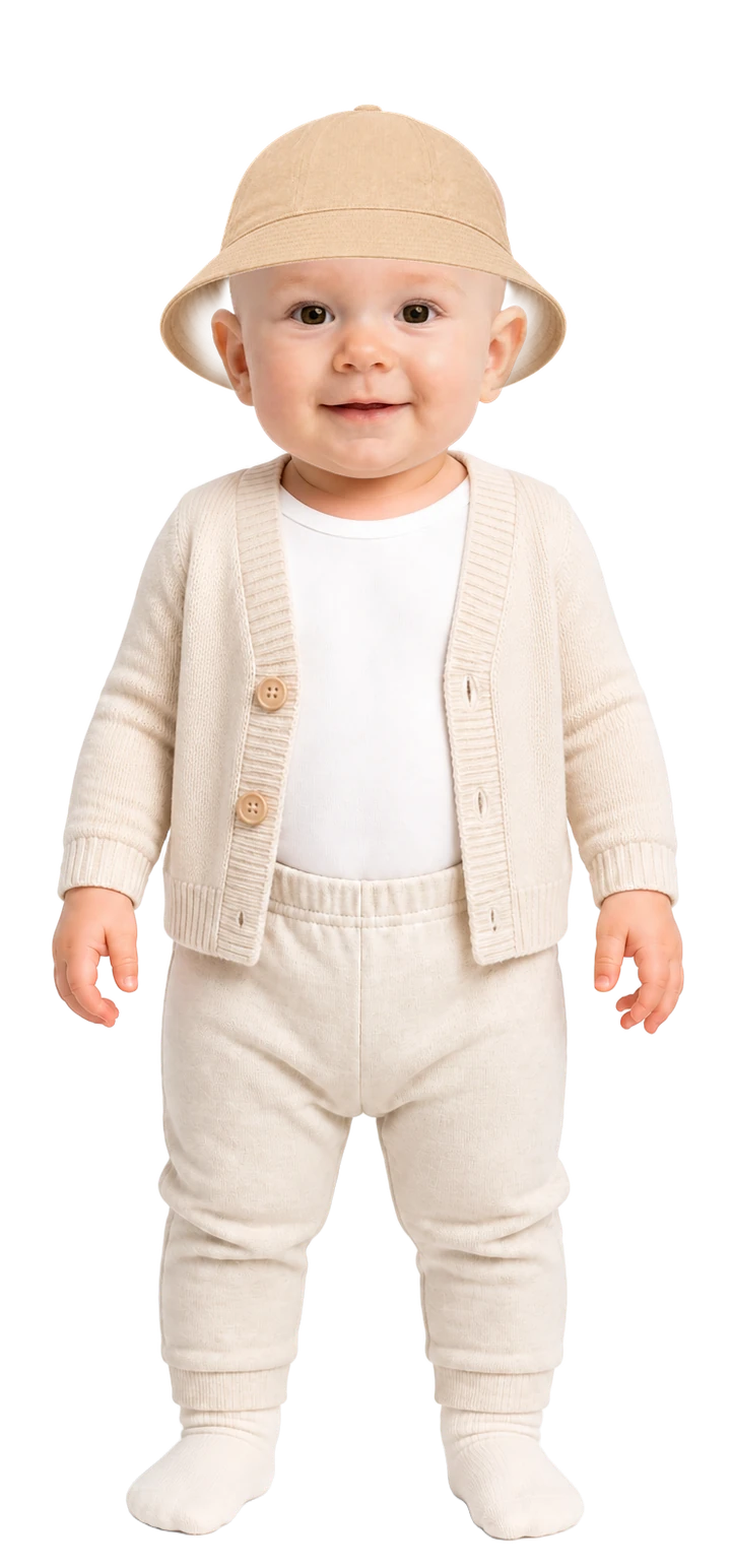 Baby wearing long-sleeve bodysuit, light pants, thin socks, cardigan and sun hat