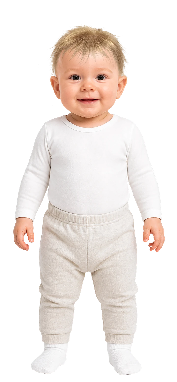 So ist das Baby angezogen: Langarmbody, leichte Hose und dünne Socken