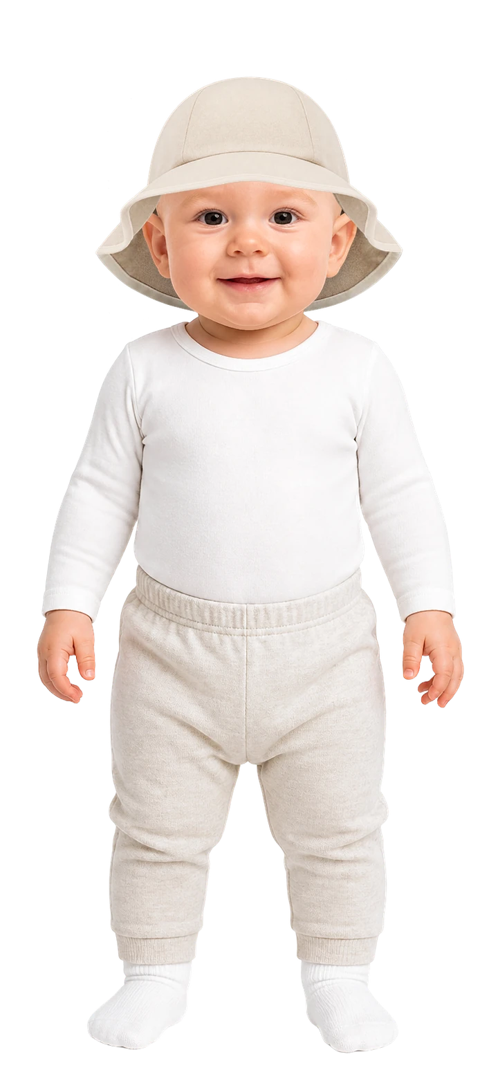 So ist das Baby angezogen: Langarmbody, leichte Hose, dünne Socken und Schlapphut