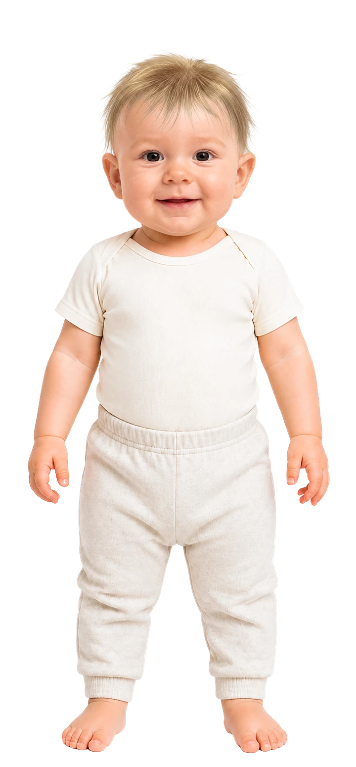 So ist das Baby angezogen: Kurzarmbody und leichte Hose