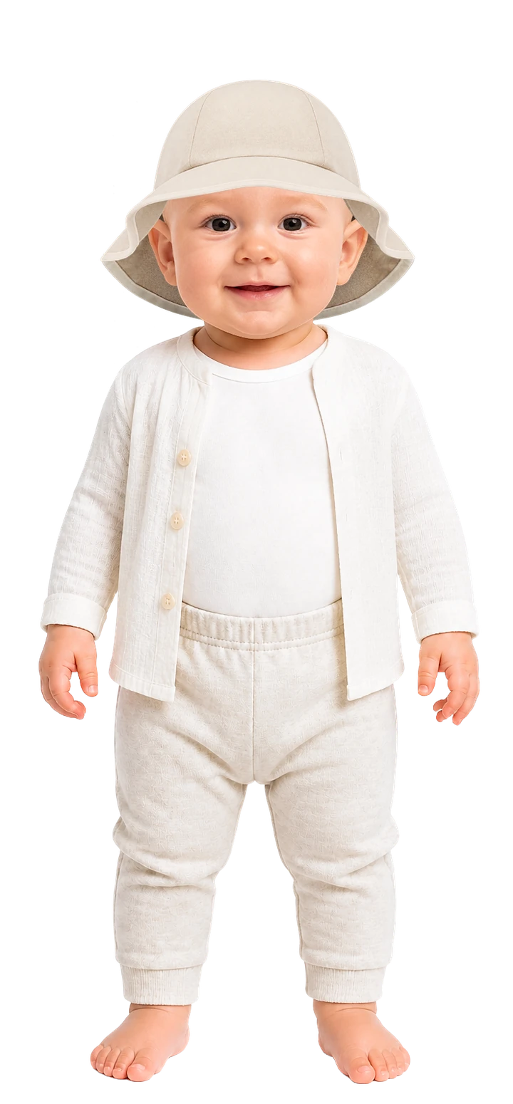 So ist das Baby angezogen: Kurzarmbody, leichte Hose, luftiges Langarmhemd und Schlapphut