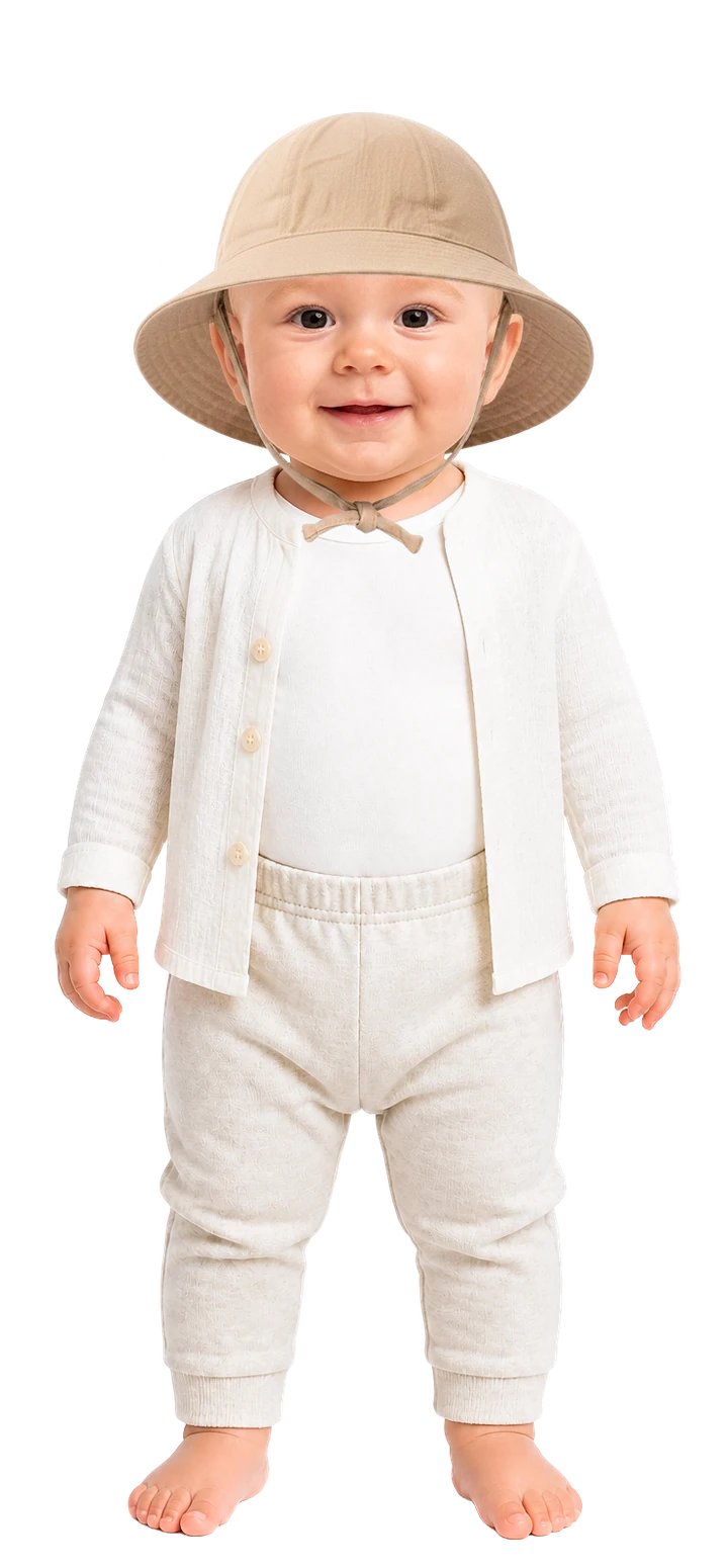 So ist das Baby angezogen: Kurzarmbody, leichte Hose, luftiges Langarmhemd und Sonnenhut mit Bindeband