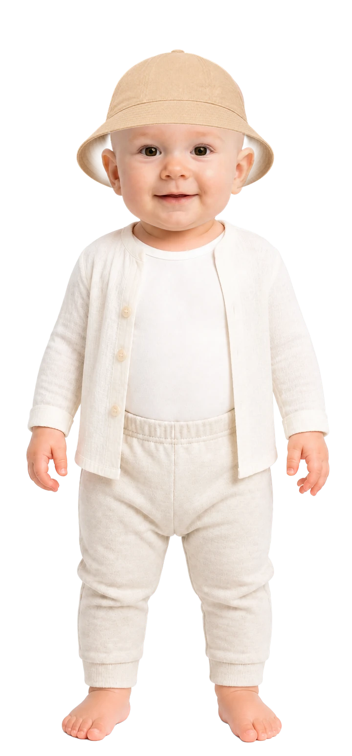 Baby wearing short-sleeve bodysuit, light pants, sun layer and sun hat