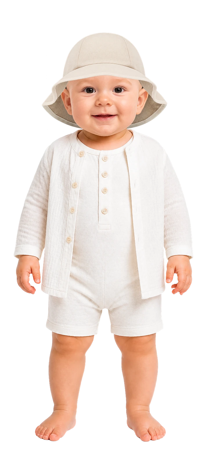 So ist das Baby angezogen: kurzer Spielanzug, luftiges Langarmhemd und Schlapphut