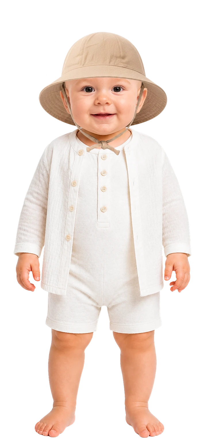 So ist das Baby angezogen: kurzer Spielanzug, luftiges Langarmhemd und Sonnenhut mit Bindeband