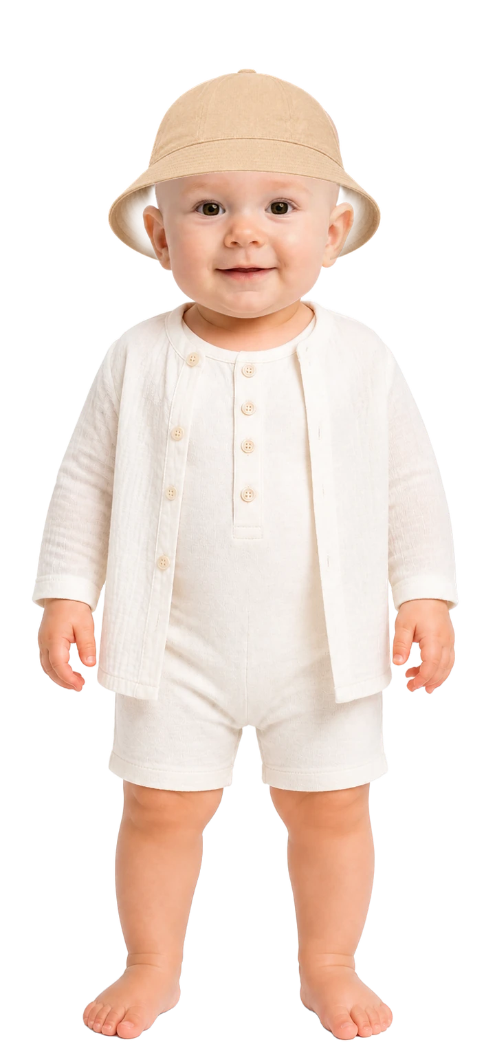 Baby wearing romper, sun layer and sun hat