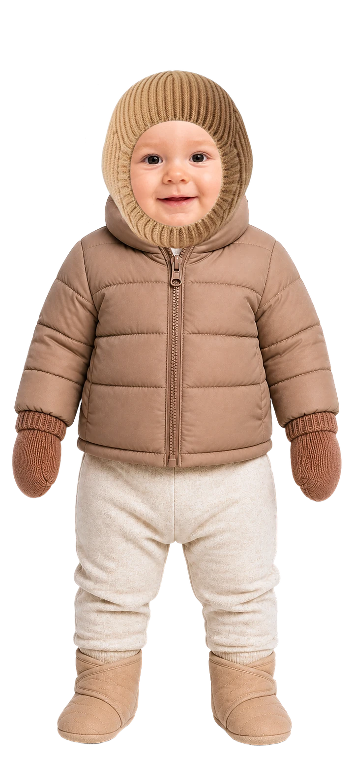 So ist das Baby angezogen: Langarmbody, warme Strickhose, Wollsocken, warme Fleecejacke, Winterjacke, gefütterte Babyschuhe, Fäustlinge und Schlupfmütze