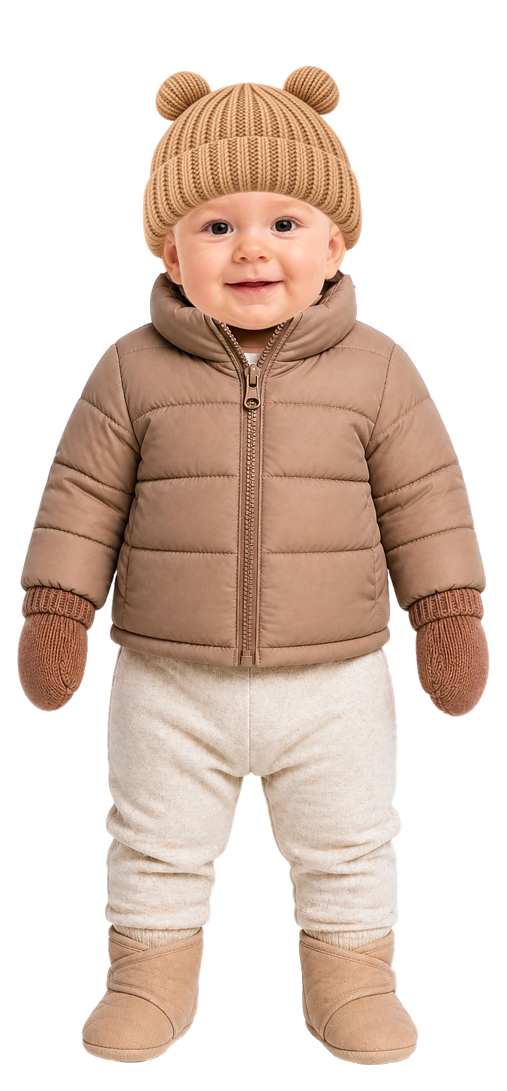 So ist das Baby angezogen: Langarmbody, warme Strickhose, Wollsocken, warme Fleecejacke, Winterjacke, gefütterte Babyschuhe, Fäustlinge und Wintermütze mit Bärenohren