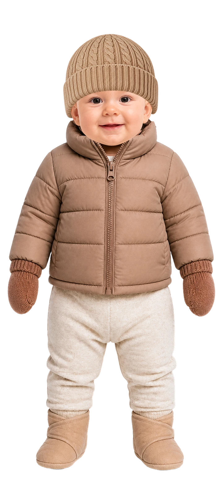 So ist das Baby angezogen: Langarmbody, warme Strickhose, Wollsocken, warme Fleecejacke, Winterjacke, gefütterte Babyschuhe, Fäustlinge und Zopfmütze