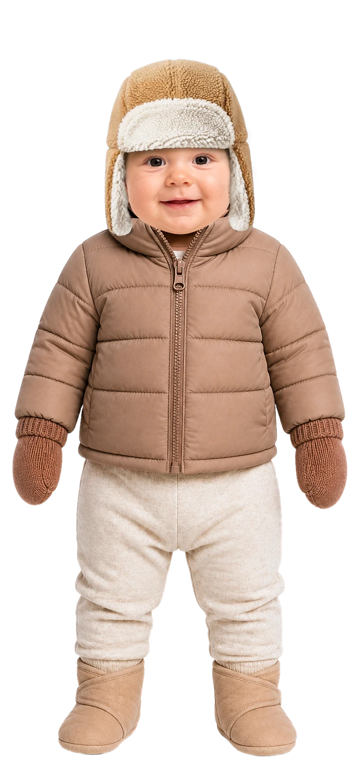 La tenue du jour : body à manches longues, pantalon chaud, chaussettes en laine, polaire chaude, doudoune, chaussons fourrés, moufles et chapka