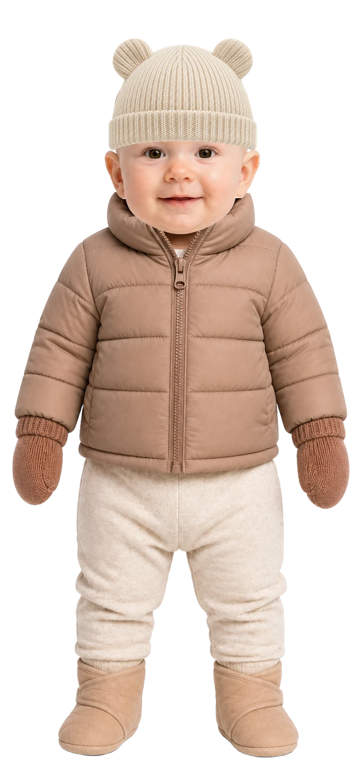 Baby wearing long-sleeve bodysuit, warm pants, warm socks, warm fleece, warm jacket, booties, mittens and warm hat