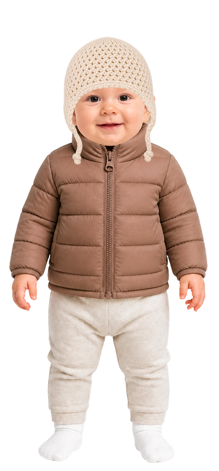 So ist das Baby angezogen: Langarmbody, warme Strickhose, Wollsocken, warme Fleecejacke, Winterjacke und leichte Mütze mit Ohrenklappen