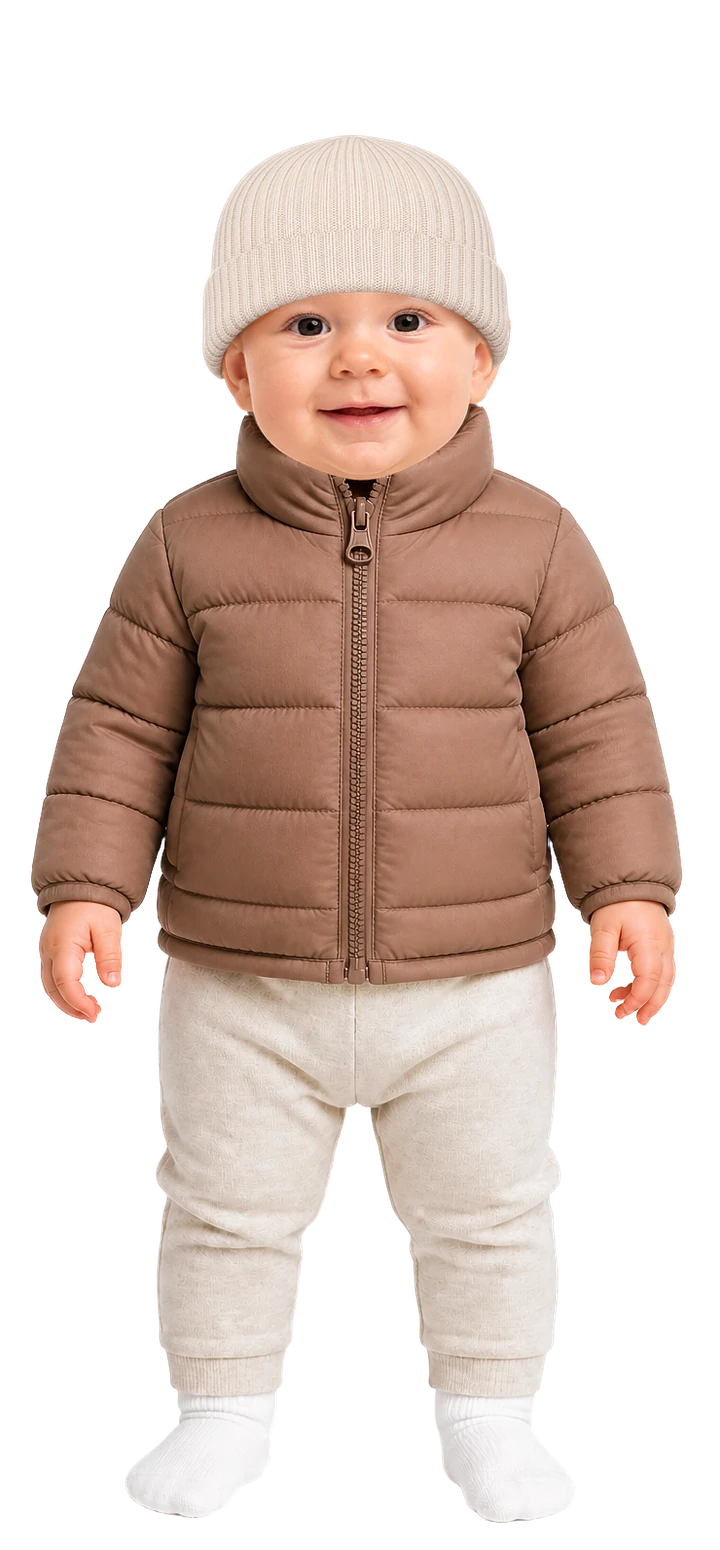So ist das Baby angezogen: Langarmbody, warme Strickhose, Wollsocken, warme Fleecejacke, Winterjacke und leichte Strickmütze
