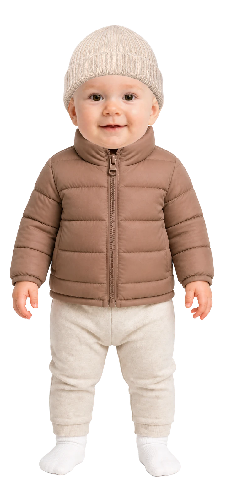 Baby wearing long-sleeve bodysuit, warm pants, warm socks, warm fleece, warm jacket and knit hat
