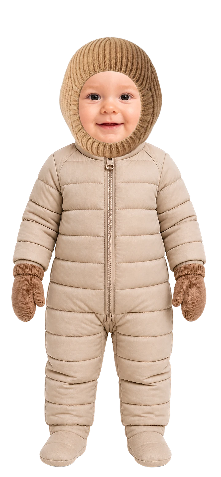 So ist das Baby angezogen: Langarmbody, warme Strickhose, Wollsocken, warme Fleecejacke, Winteroverall, Fäustlinge und Schlupfmütze