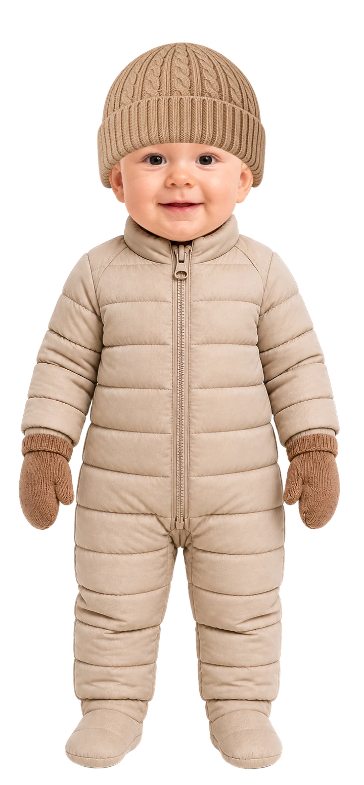 So ist das Baby angezogen: Langarmbody, warme Strickhose, Wollsocken, warme Fleecejacke, Winteroverall, Fäustlinge und Zopfmütze