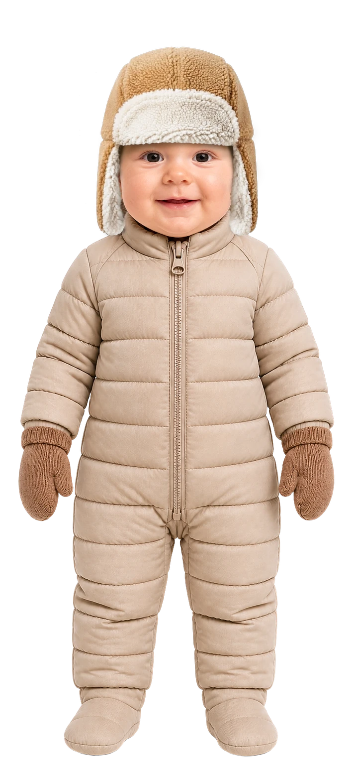 So ist das Baby angezogen: Langarmbody, warme Strickhose, Wollsocken, warme Fleecejacke, Winteroverall, Fäustlinge und Fliegermütze mit Teddyfutter