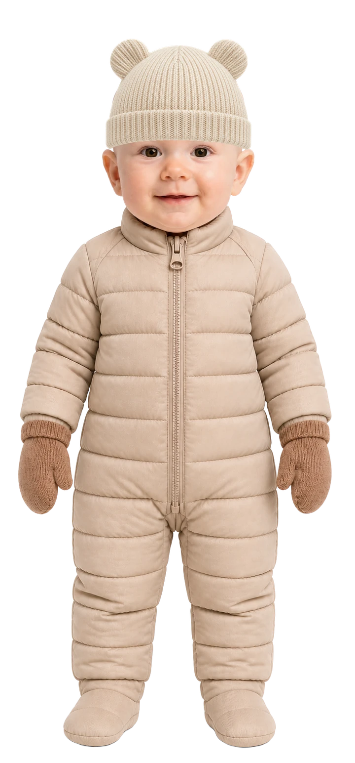 A composed baby wearing the insulated pram suit, mittens and warm hat