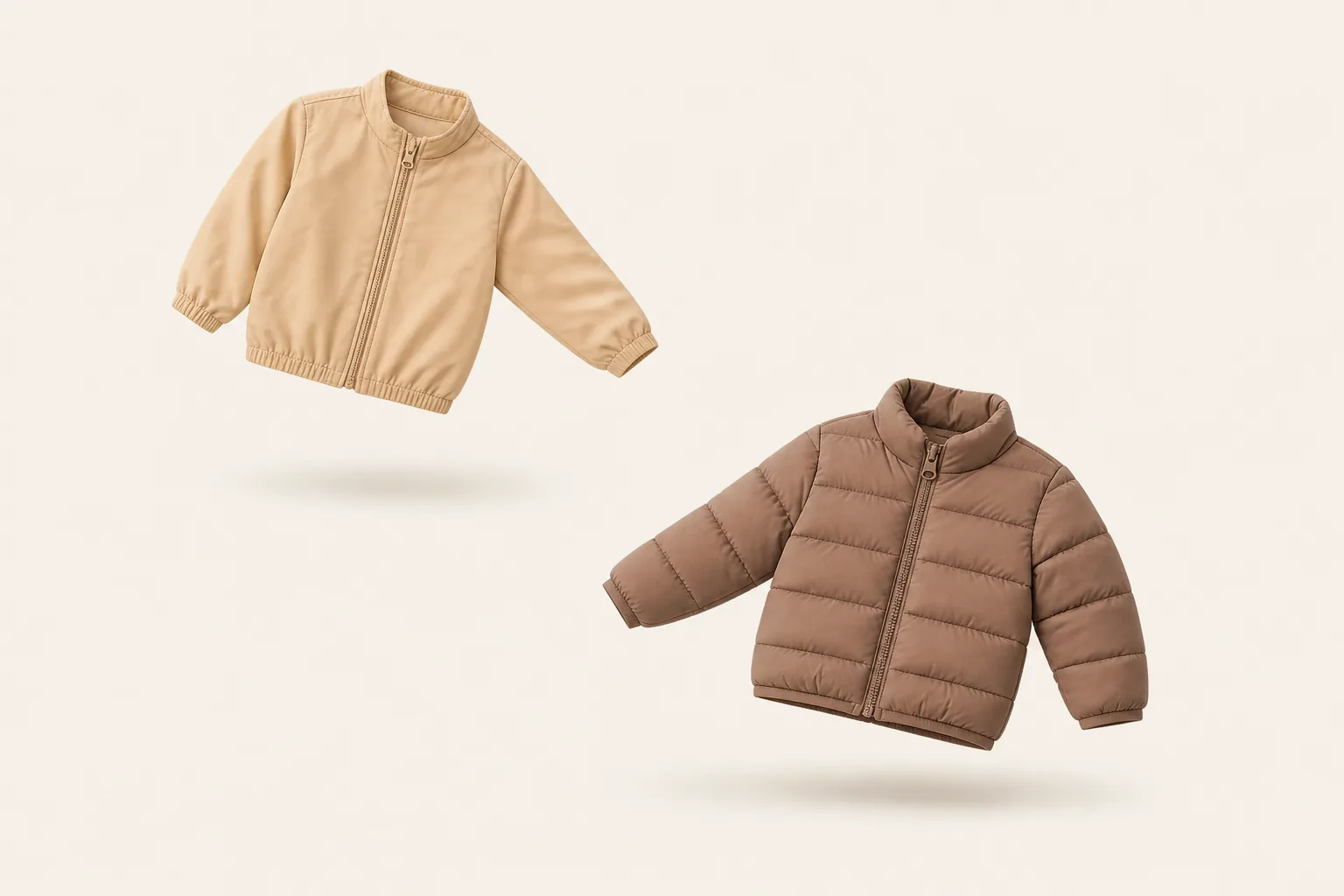 A light oatmeal jacket beside a warmer brown padded jacket on ivory
