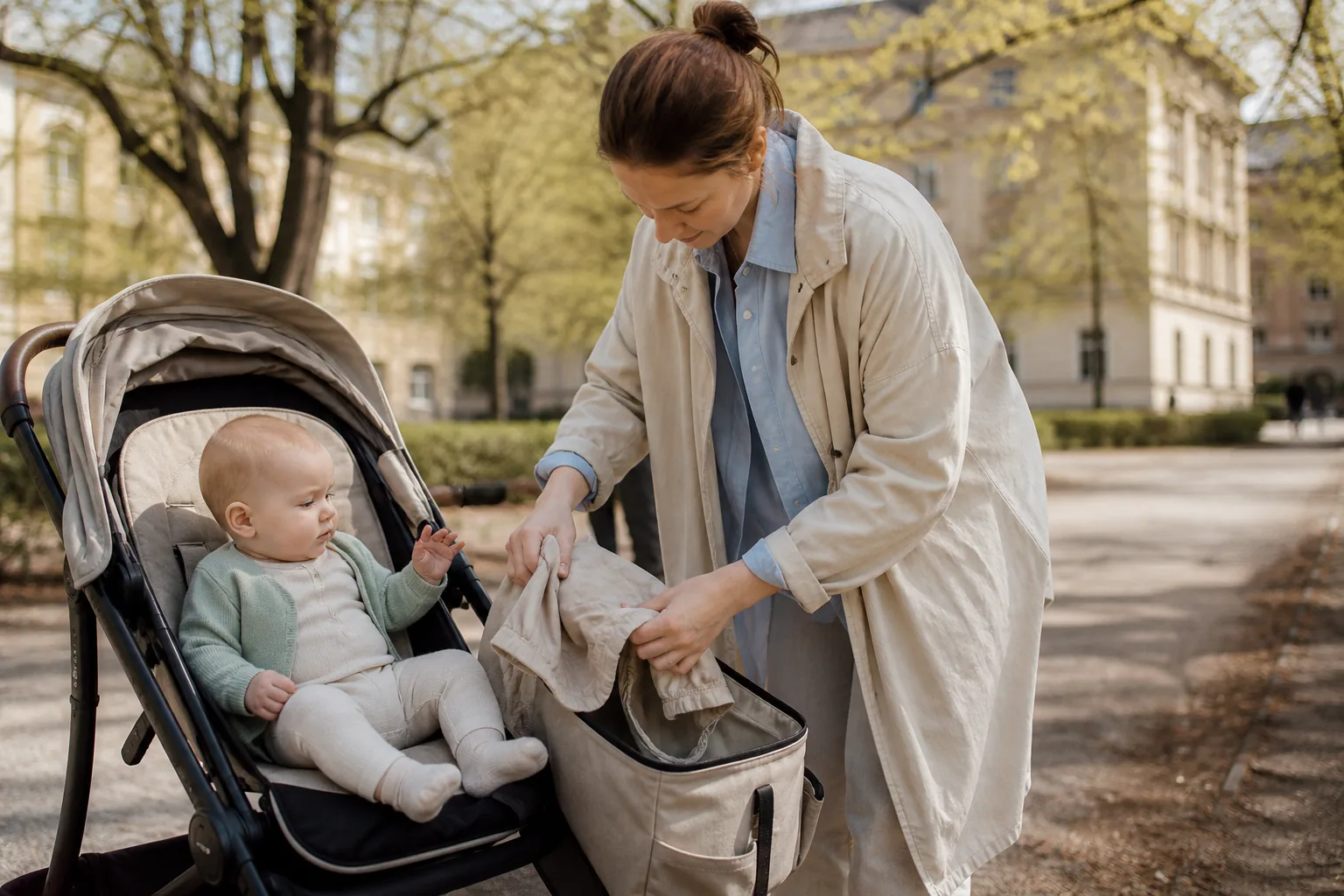 A parent folding a light jacket into a stroller bag on a mild spring park walk