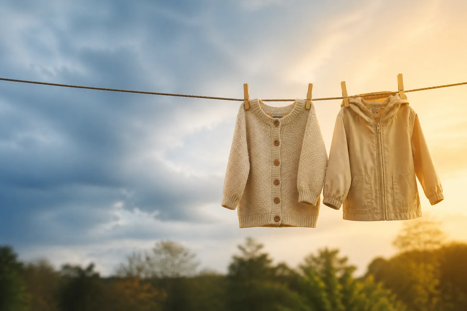 A clothesline holding two garments: a warm knit cardigan and, beside it, a thin cotton jacket