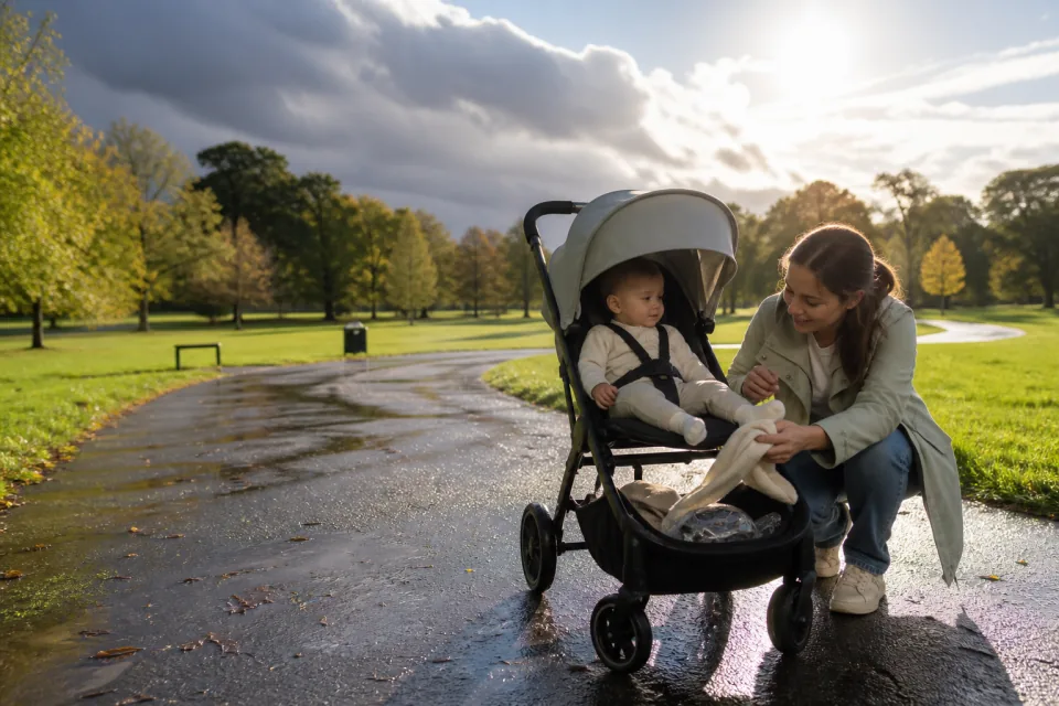 A parent removing one warm layer from a baby as sun appears after rain