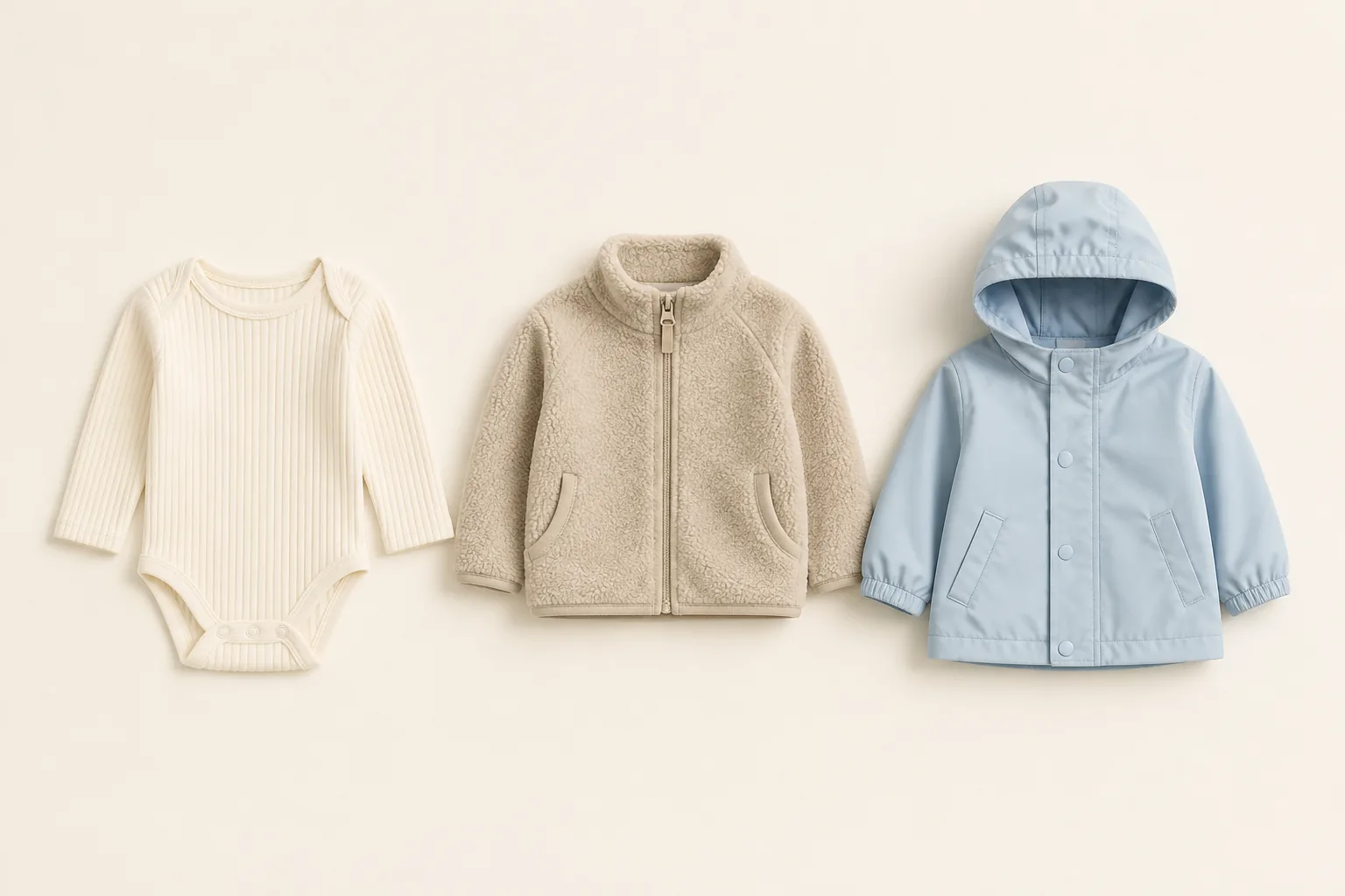 A long-sleeve bodysuit, thin fleece and light jacket arranged from left to right