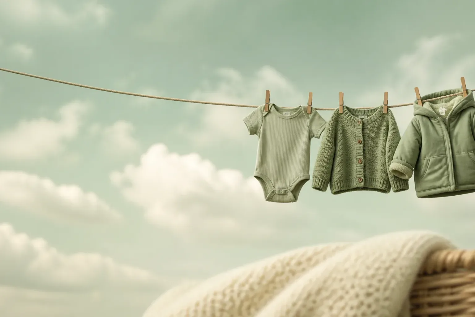 Three small baby garments hanging on a clothesline from thin to warm