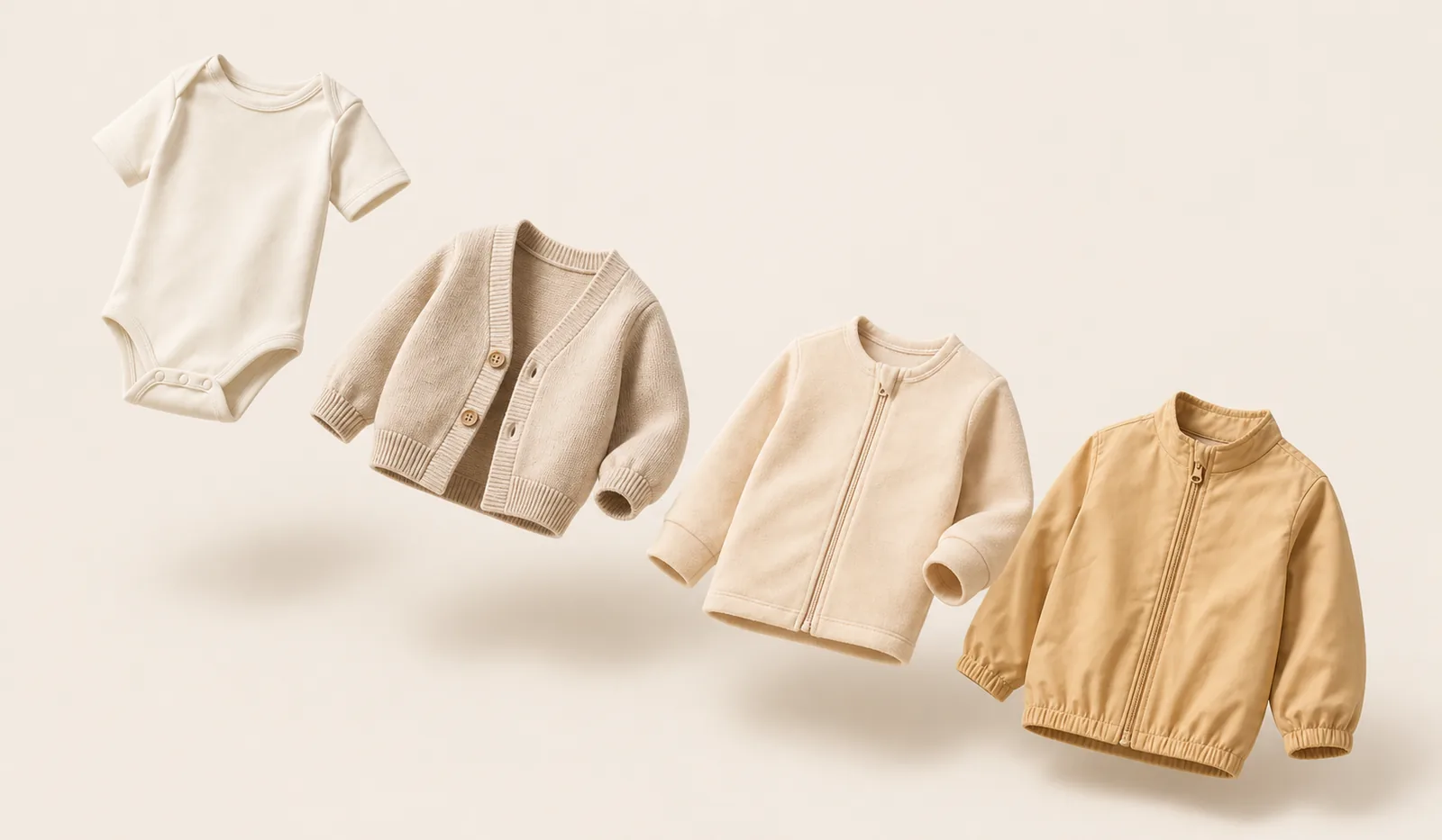 Cotton bodysuit, wool cardigan, fleece jacket and smooth waterproof jacket laid out from left to right